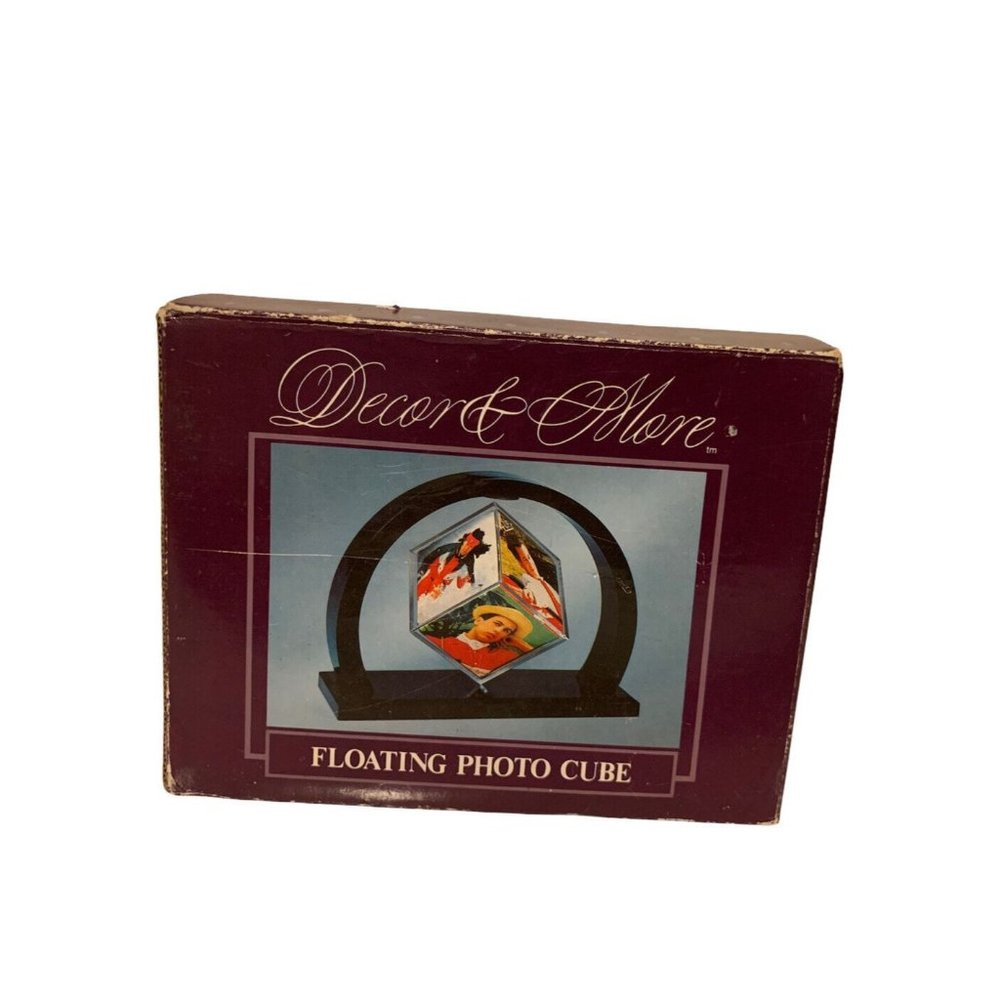 Floating Photo Cube Home Hidden Magnet Black Stand 6 Pictures Desk- NIB